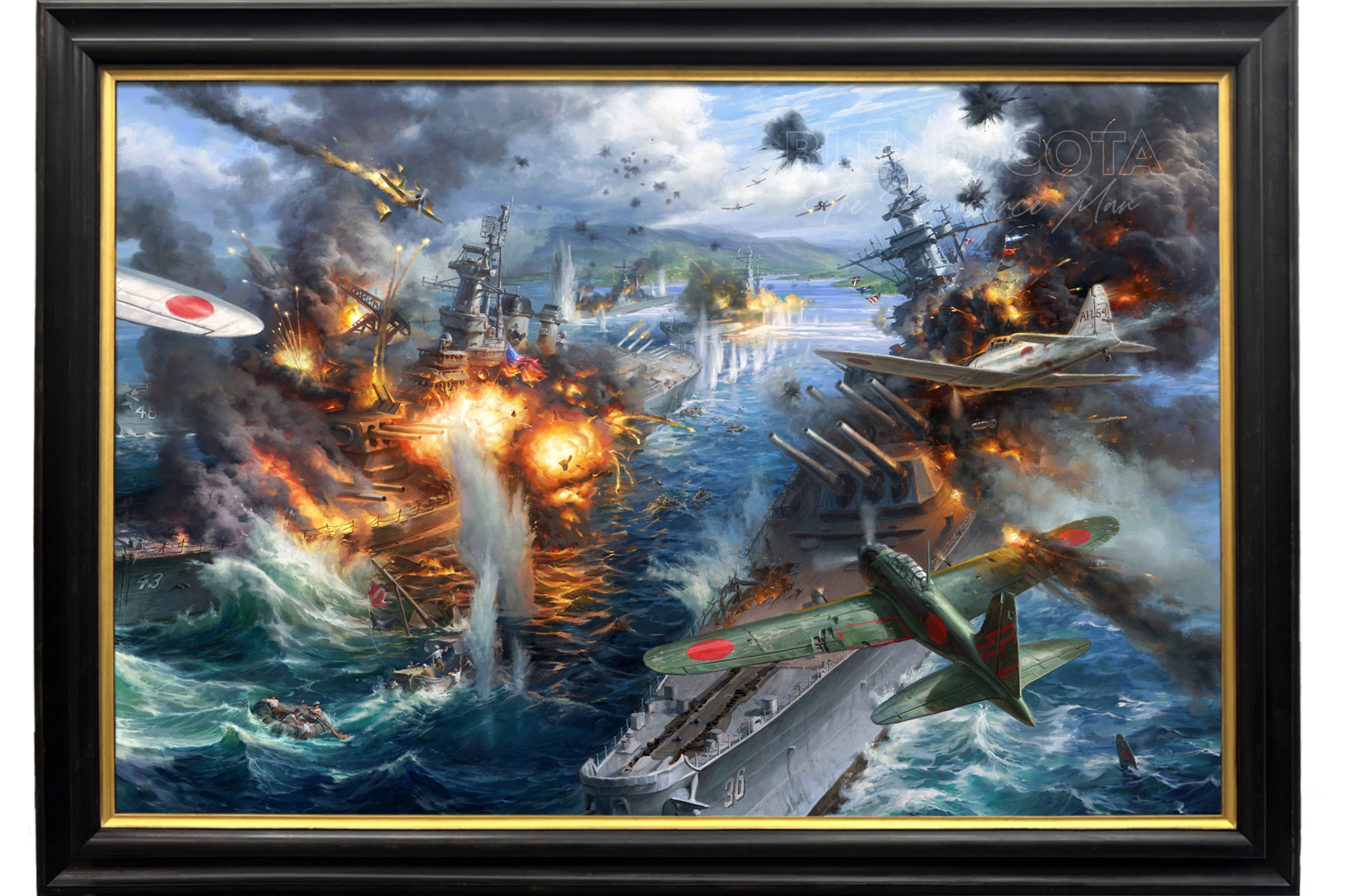 Oil on canvas painting of the attack on Pearl Harbor, Japanese planes bombing American vessels and battleships, on a background of destruction, smoke and fire, realism style with detailed brushstrokes.