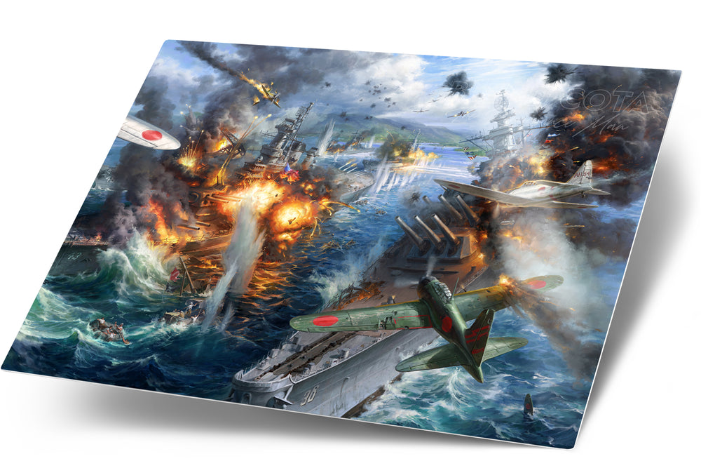  Metal wall art print of the attack on Pearl Harbor, Japanese planes bombing American vessels and battleships, on a background of destruction, smoke and fire, realism style with detailed brushstrokes.