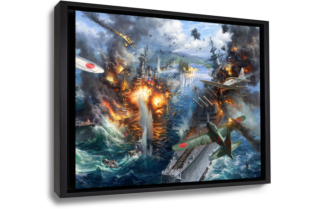 Framed wall art print of the attack on Pearl Harbor, Japanese planes bombing American vessels and battleships, on a background of destruction, smoke and fire, realism style with detailed brushstrokes.