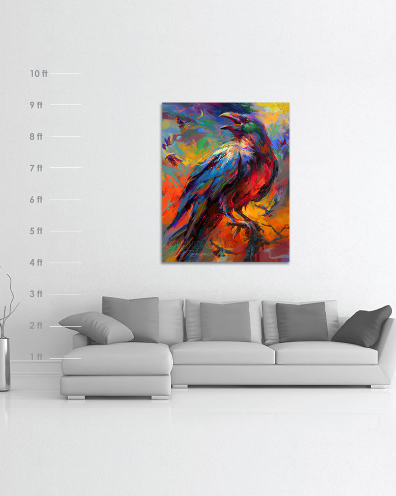 
                  
                    Oil on canvas painting of Raven, standing on a branch surrounded by a background of smaller birds in motion, treated with colorful brushstrokes. with dimensions
                  
                