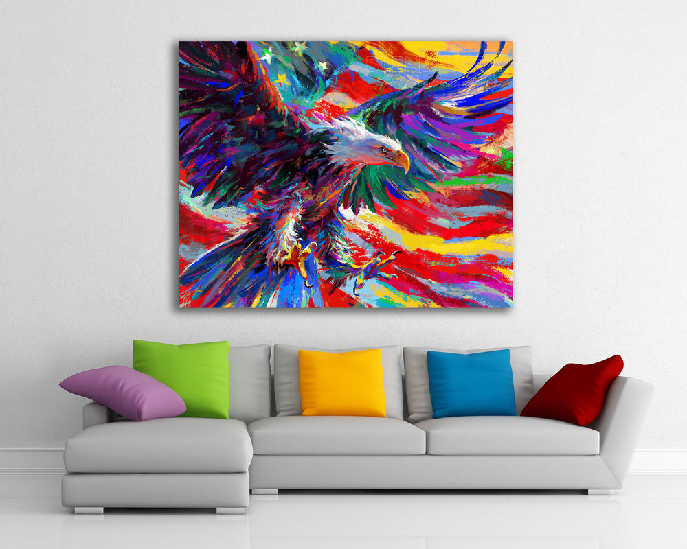 room setting with couch for Oil on canvas painting of a Bald Eagle symbol of freedom in flight with open wings, and American flag in the background, treated with colorful brushstrokes.