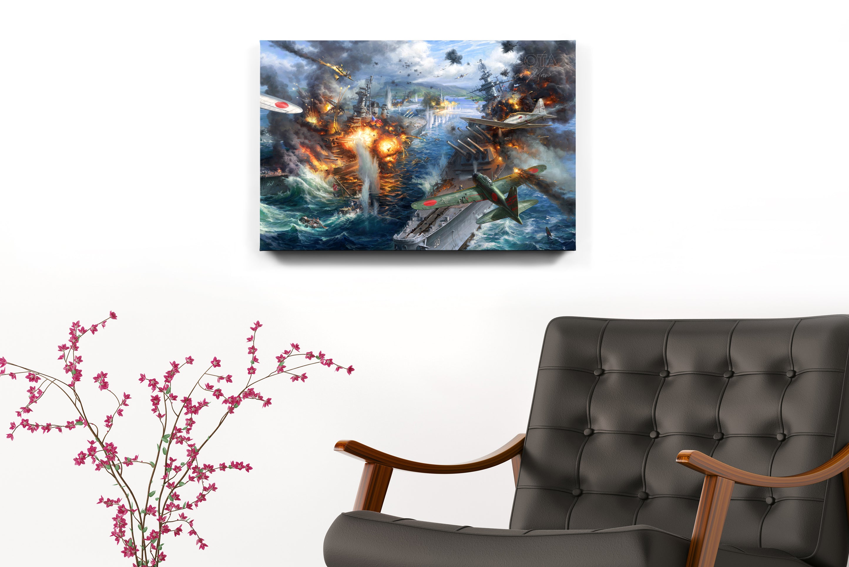 Room setting with armchair for Wall art print of the attack on Pearl Harbor, Japanese planes bombing American vessels and battleships, on a background of destruction, smoke and fire, realism style with detailed brushstrokes.