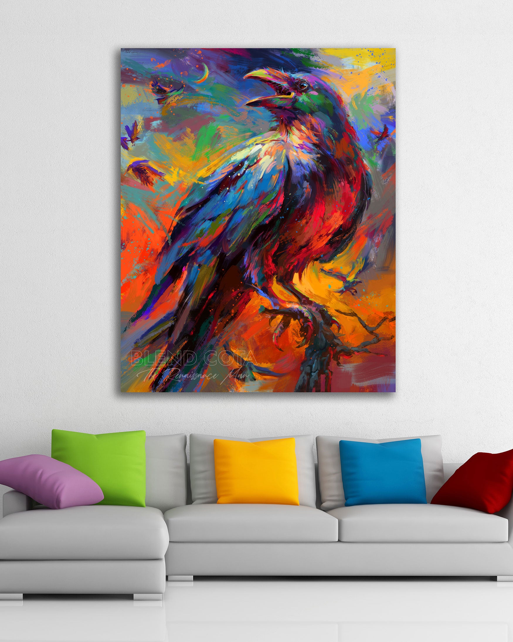 Oil on canvas painting of Raven, standing on a branch surrounded by a background of smaller birds in motion, treated with colorful brushstrokes. shown in room above couch
