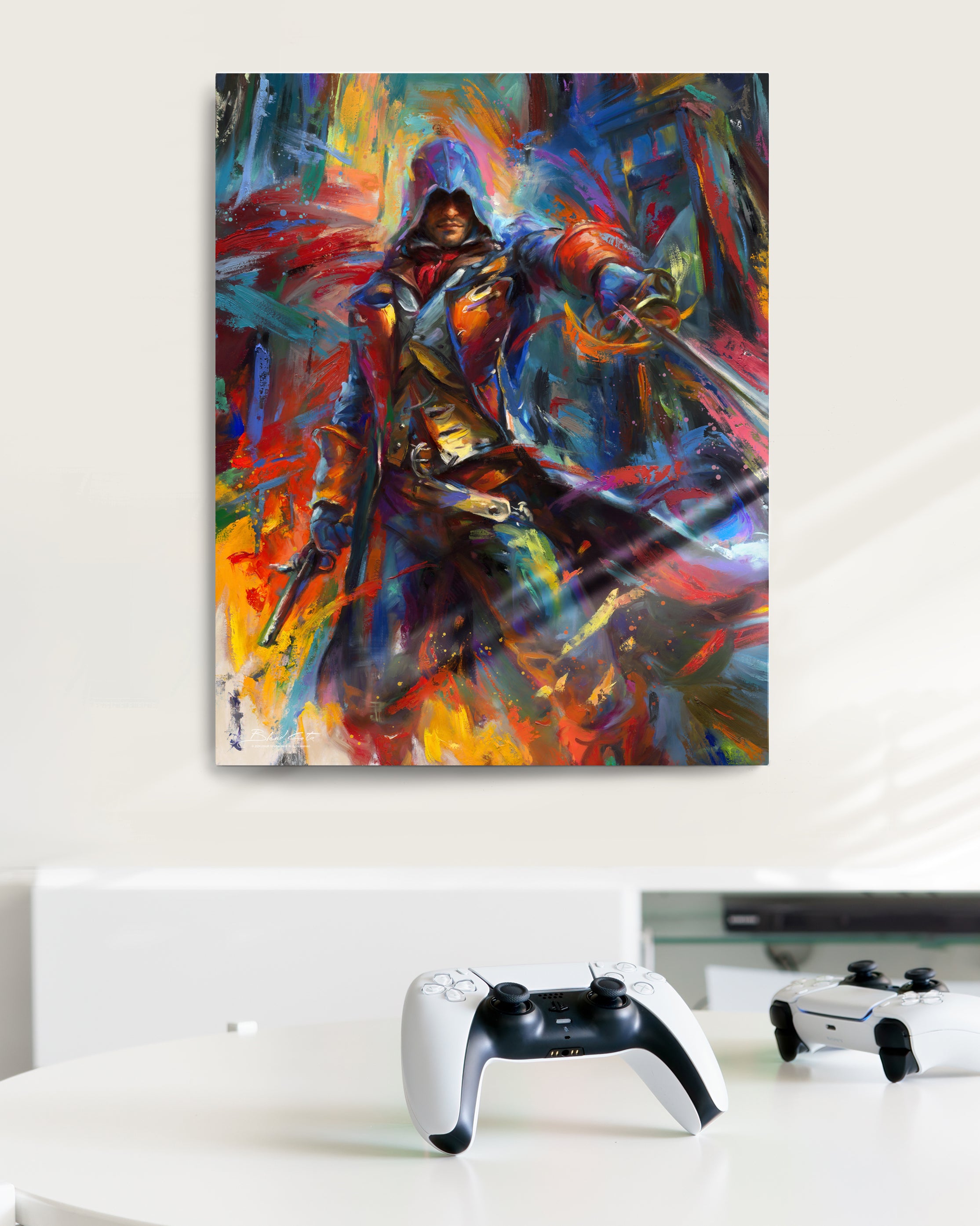 Limited Edition glossy metal print of Assassin's Creed Arno Dorian of Unity bursting forth with energy and painted with colorful brushstrokes in an expressionistic style in a room setting.