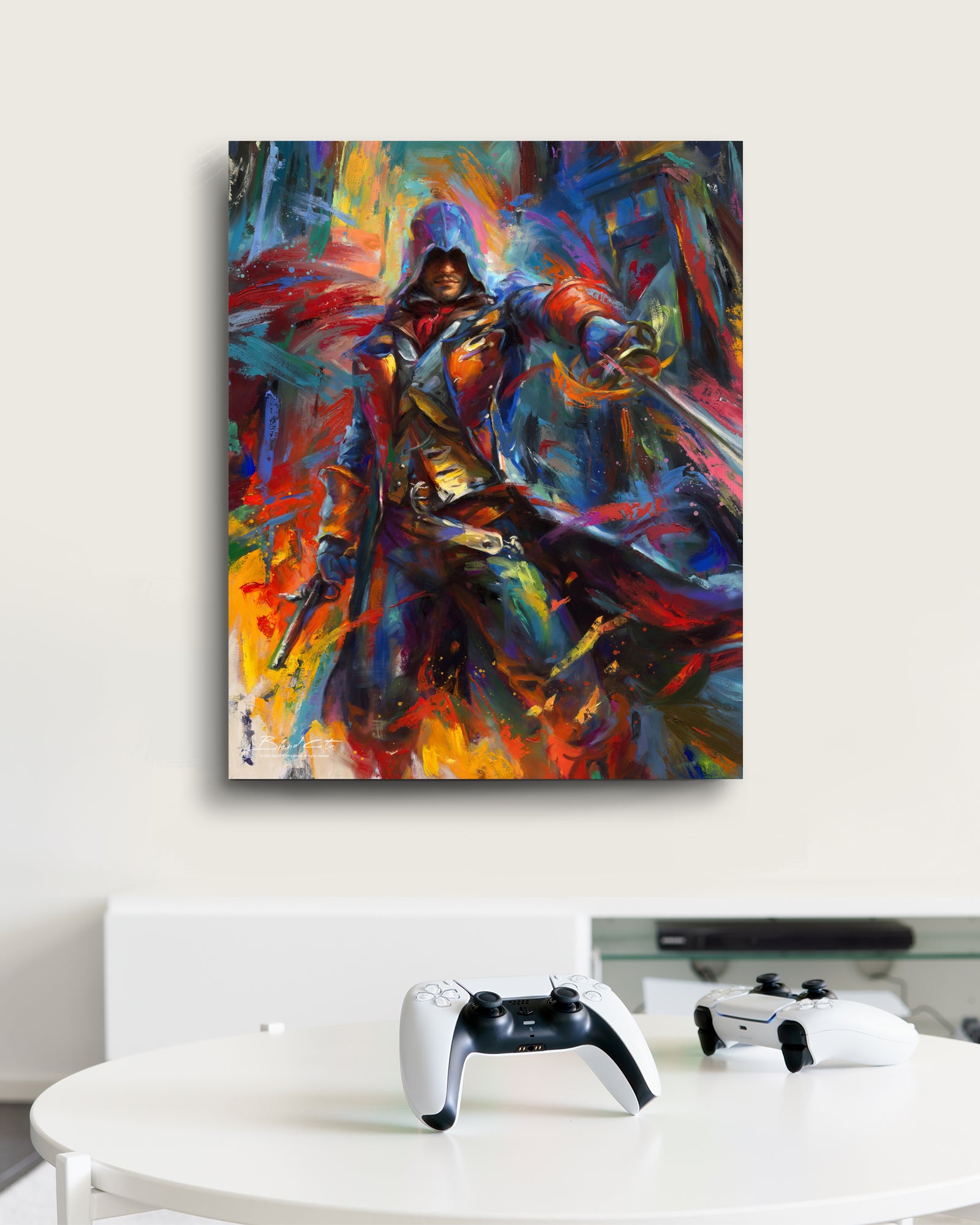 Hand embellished limited edition print on canvas of Ubisoft's Assassin's Creed Arno Dorian of Unity painted with colorful brushstrokes and energy in motion in a room setting.
