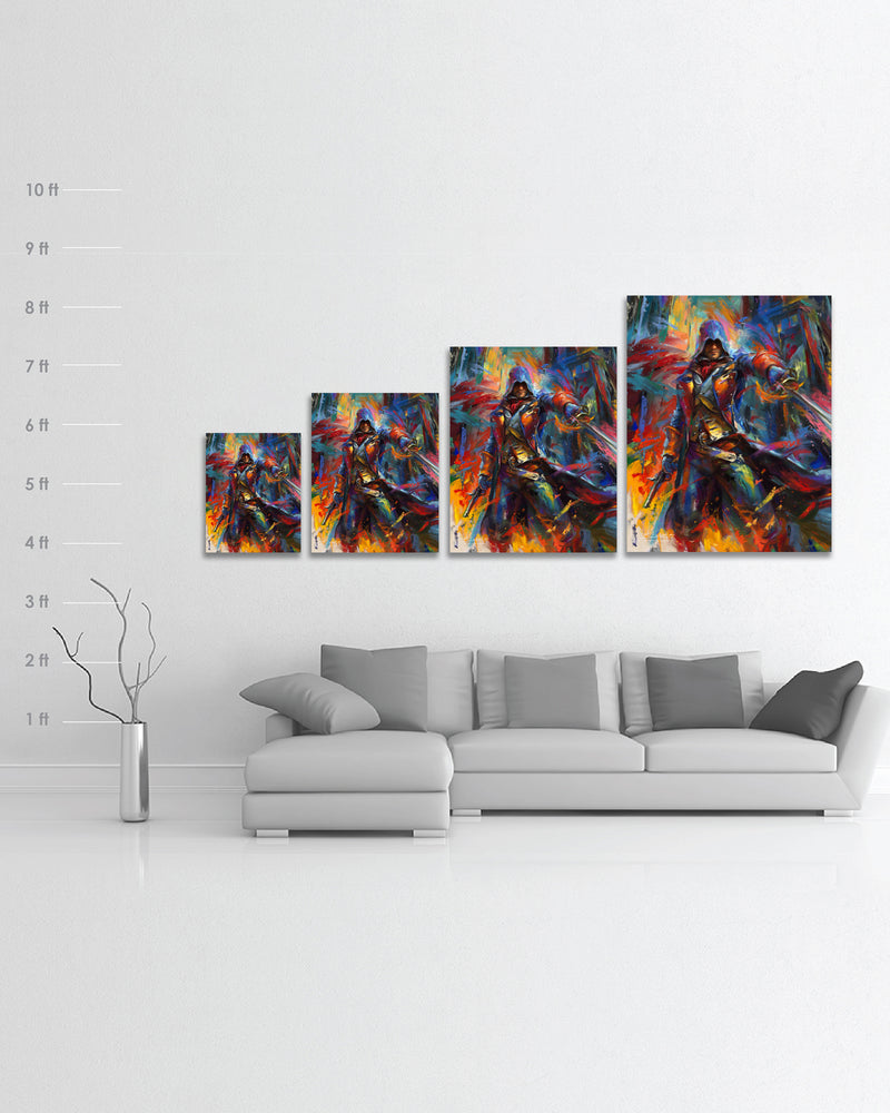 
                  
                    Limited Edition glossy metal print of Assassin's Creed Arno Dorian of Unity bursting forth with energy and painted with colorful brushstrokes in an expressionistic style in a room setting with scale measurement.
                  
                