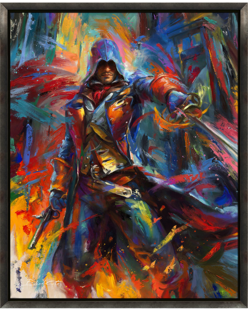 Original oil painting on canvas of Assassin's Creed Arno Dorian of Unity bursting forth with energy and painted with colorful brushstrokes in an expressionistic style.