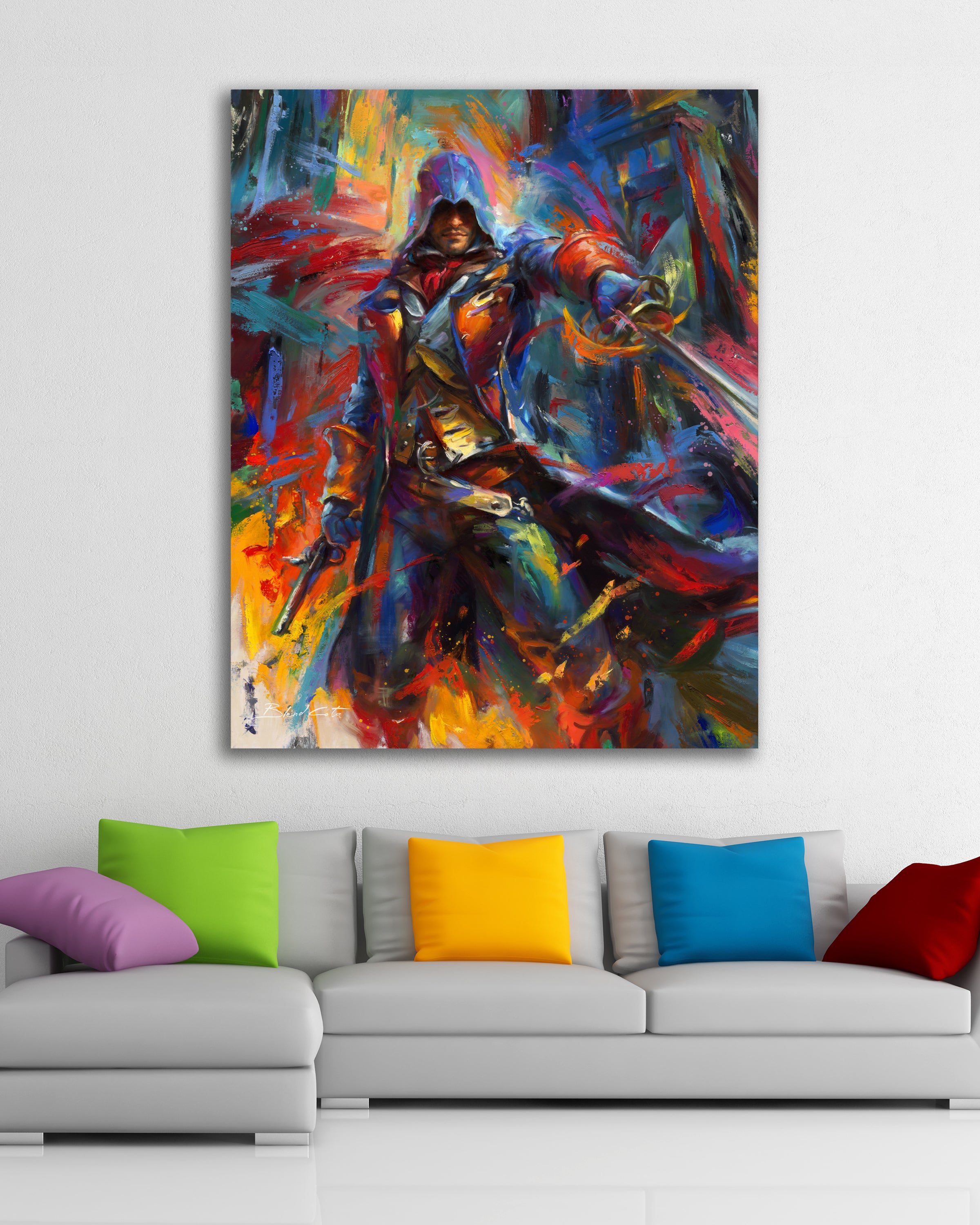Original oil painting on canvas of Assassin's Creed Arno Dorian of Unity bursting forth with energy and painted with colorful brushstrokes in an expressionistic style in a room setting.