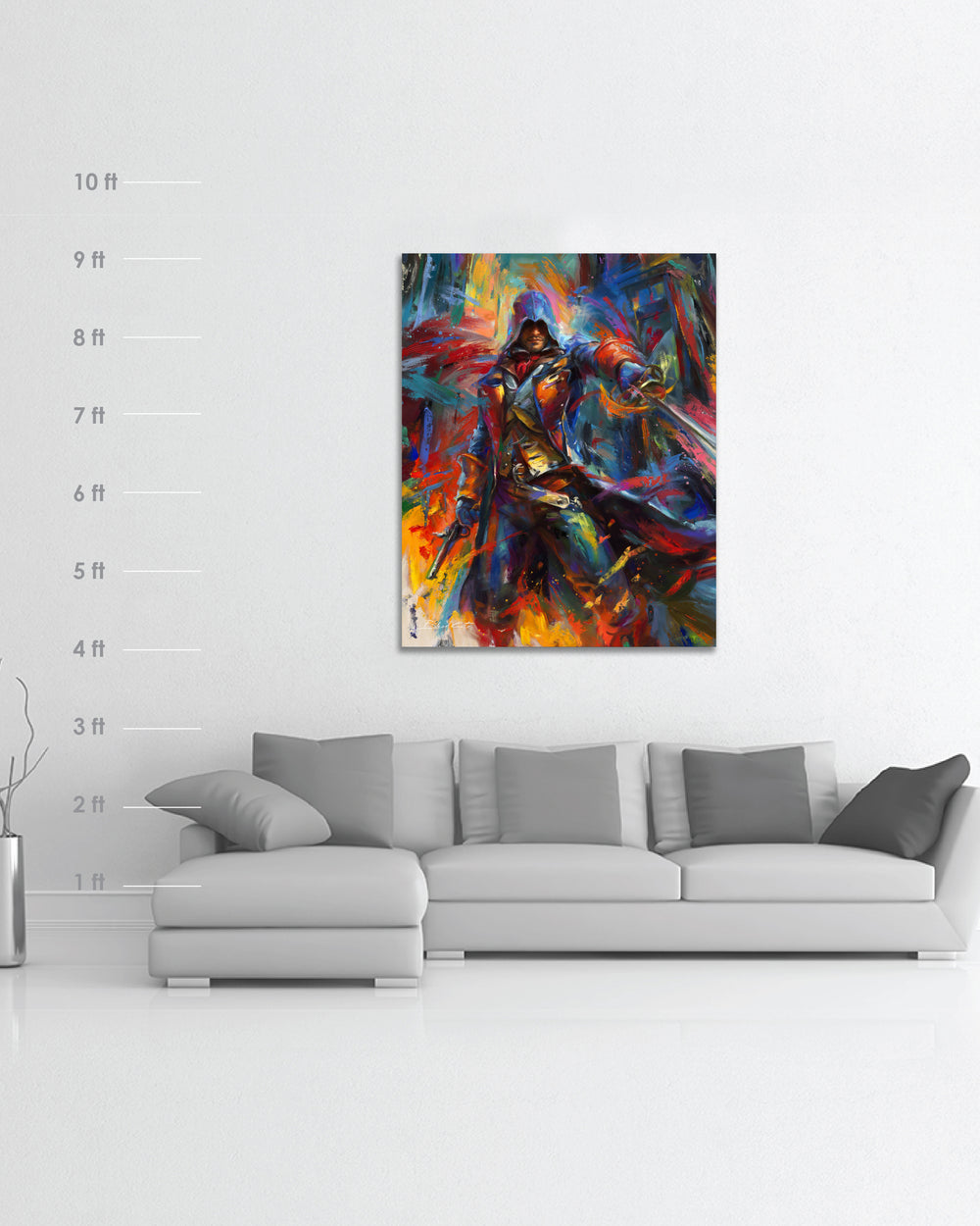 Original oil painting on canvas of Assassin's Creed Arno Dorian of Unity bursting forth with energy and painted with colorful brushstrokes in an expressionistic style in a room setting with scale measure.