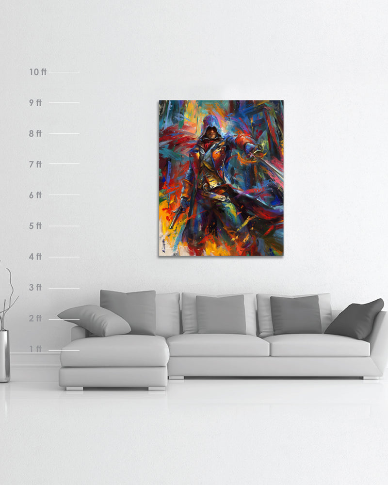 
                  
                    Original oil painting on canvas of Assassin's Creed Arno Dorian of Unity bursting forth with energy and painted with colorful brushstrokes in an expressionistic style in a room setting with scale measure.
                  
                