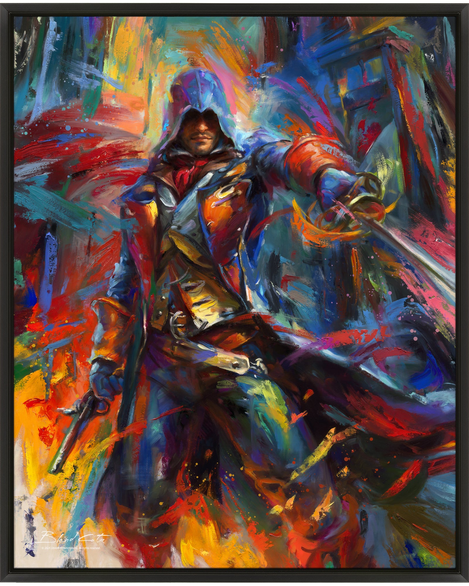 Hand embellished limited edition framed print on canvas of Ubisoft's Assassin's Creed Arno Dorian of Unity painted with colorful brushstrokes and energy in motion.