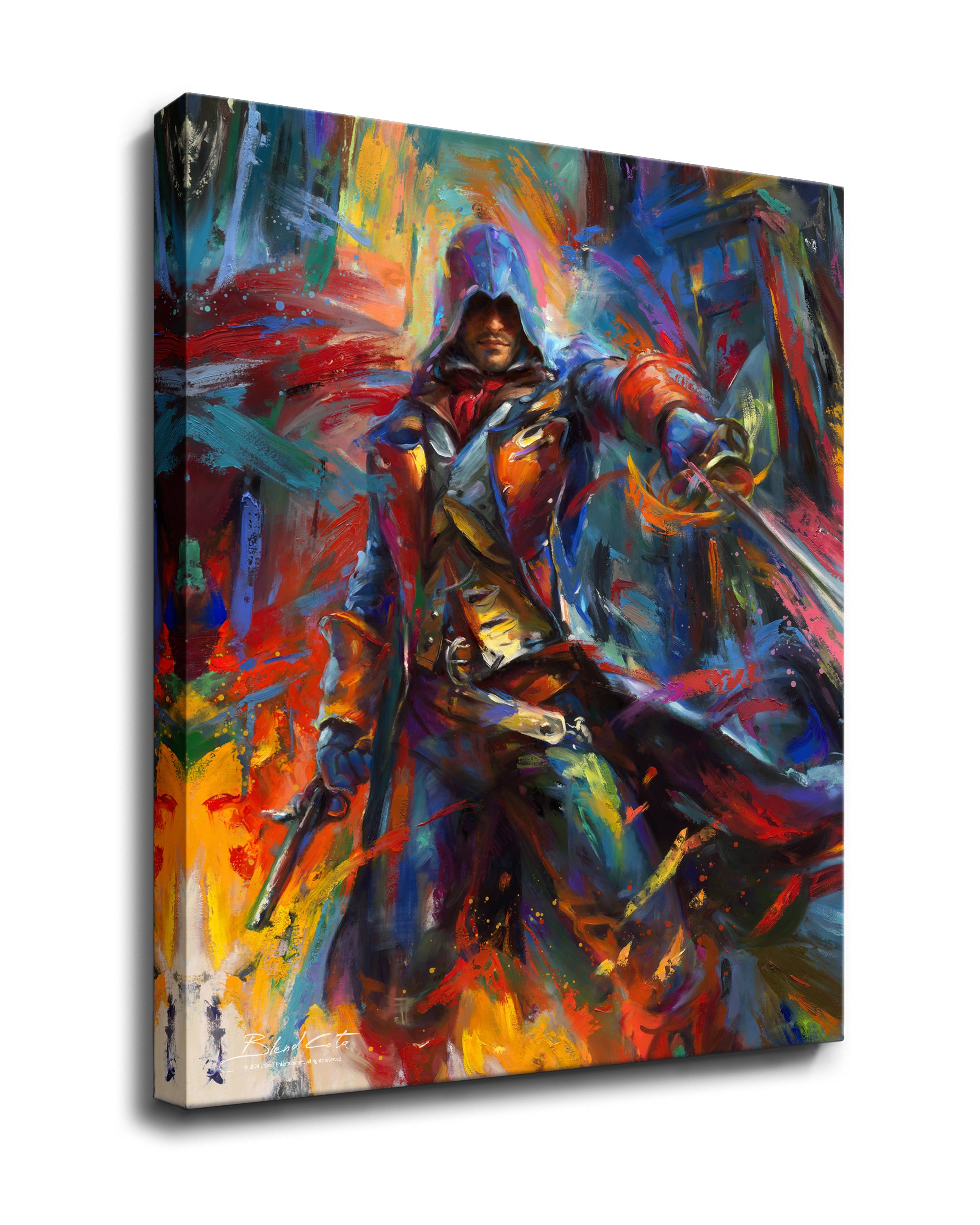 
                  
                    Gallery wrapped canvas print of Assassin's Creed Arno Dorian of Unity bursting forth with energy and painted with colorful brushstrokes in an expressionistic style.
                  
                