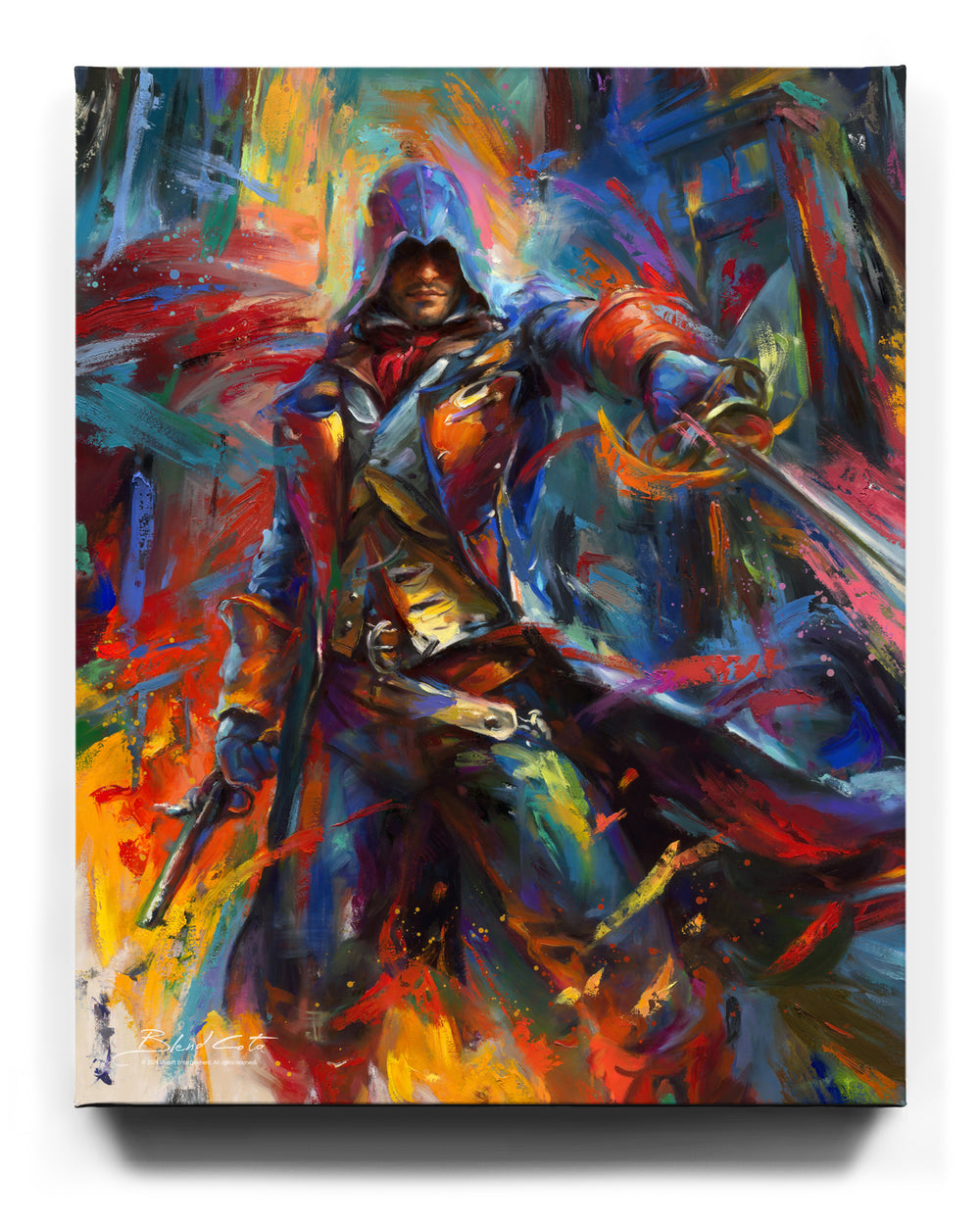 Hand embellished limited edition print on canvas of Ubisoft's Assassin's Creed Arno Dorian of Unity painted with colorful brushstrokes and energy in motion.