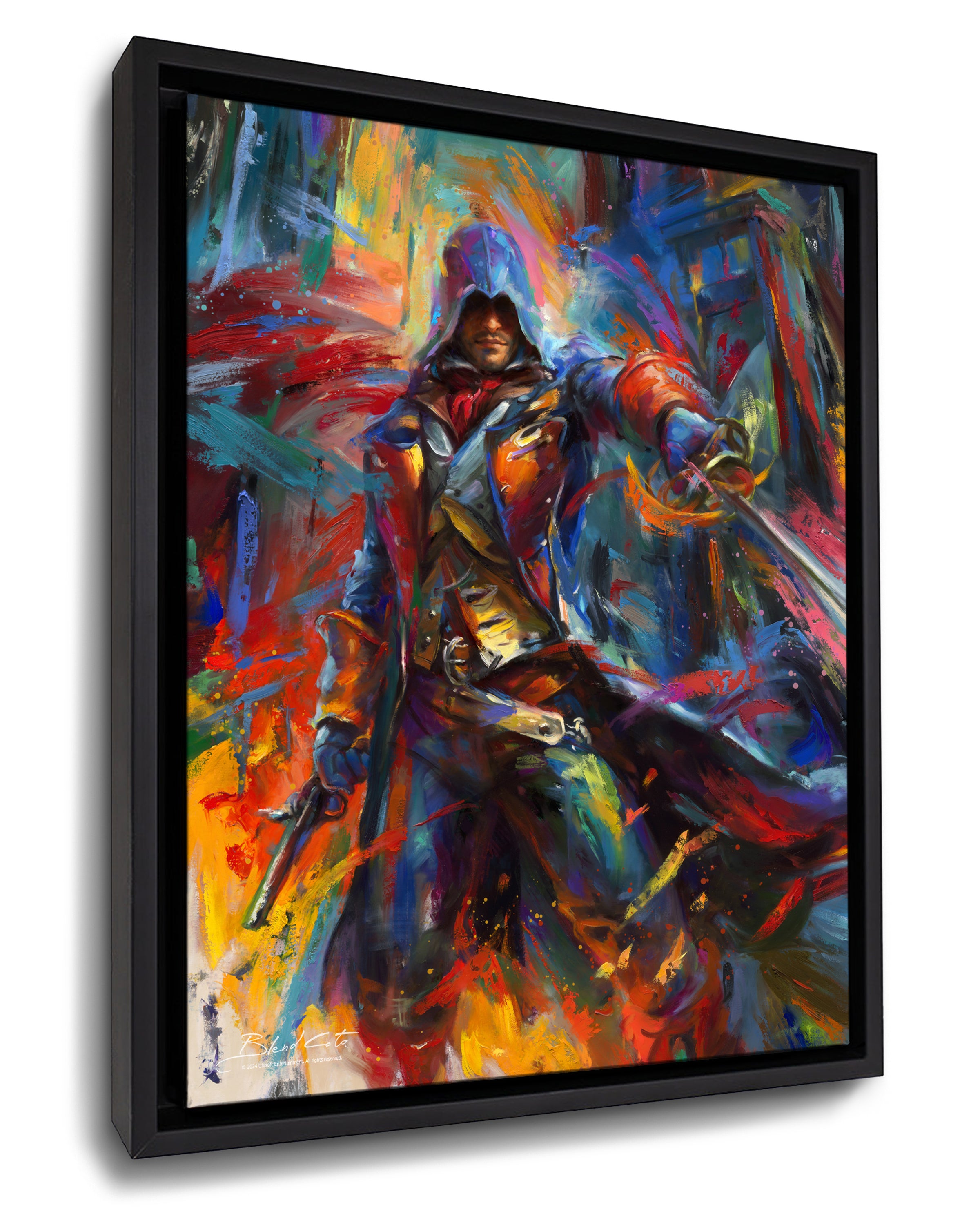 
                  
                    Framed canvas print of Assassin's Creed Arno Dorian of Unity bursting forth with energy and painted with colorful brushstrokes in an expressionistic style.
                  
                