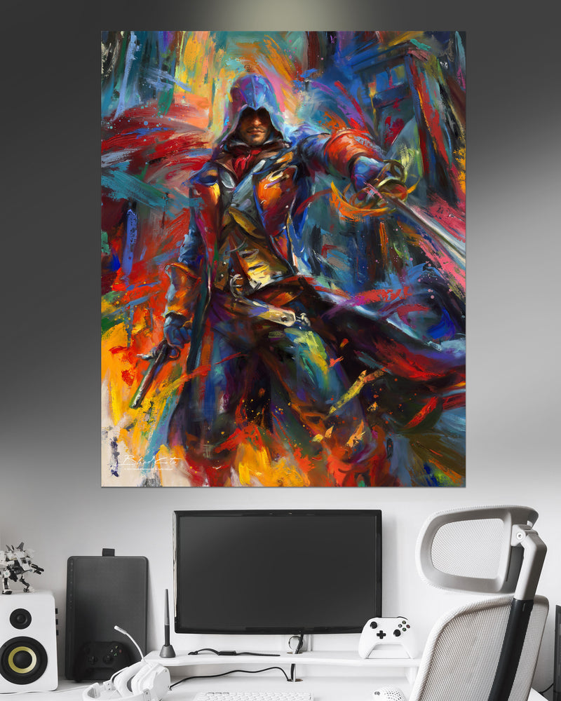 Large format paper print on cardstock of Assassin's Creed Arno Dorian of Unity bursting forth with energy and painted with colorful brushstrokes in an expressionistic style.