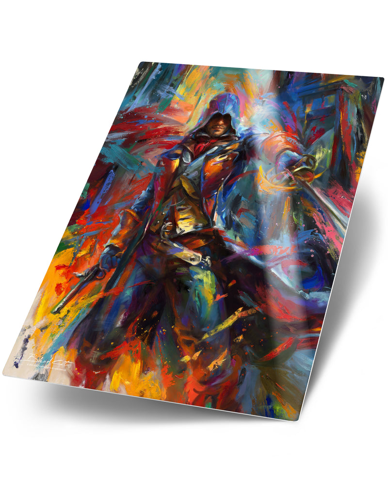 
                  
                    Metal art print of Assassin's Creed Arno Dorian of Unity bursting forth with energy and painted with colorful brushstrokes in an expressionistic style.
                  
                
