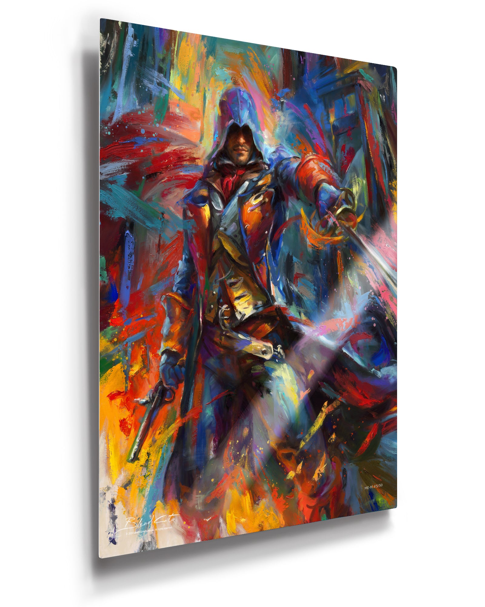 Limited Edition glossy metal print of Assassin's Creed Arno Dorian of Unity bursting forth with energy and painted with colorful brushstrokes in an expressionistic style.
