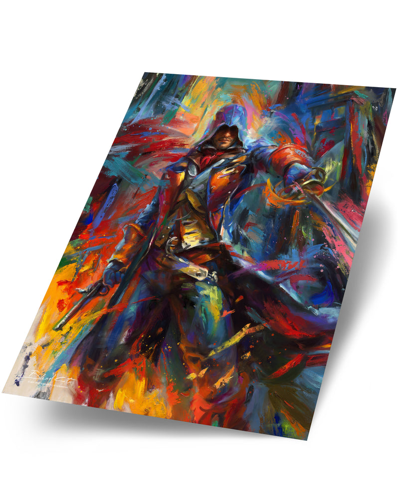 Paper print on cardstock of Assassin's Creed Arno Dorian of Unity bursting forth with energy and painted with colorful brushstrokes in an expressionistic style.
