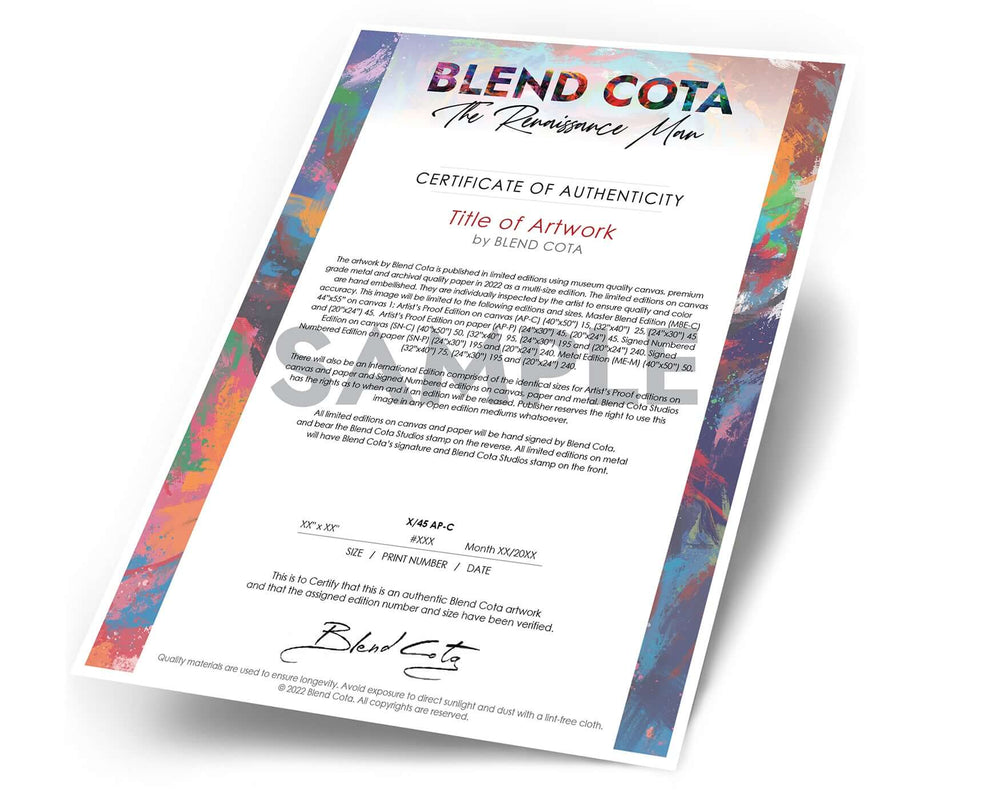 
                  
                    Blend Cota Studios sample of limited edition artwork certificate of authenticity
                  
                