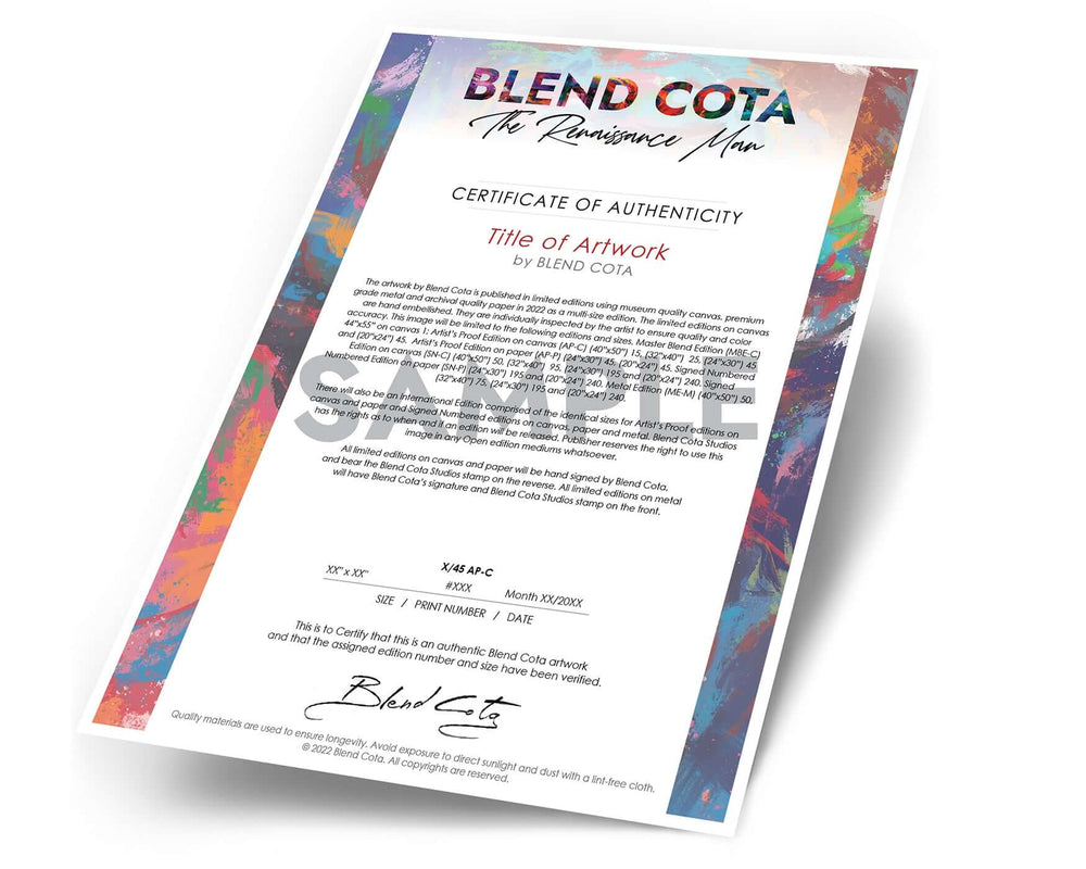 Sample of Blend Cota Studios limited edition metal print certificate of authenticity.