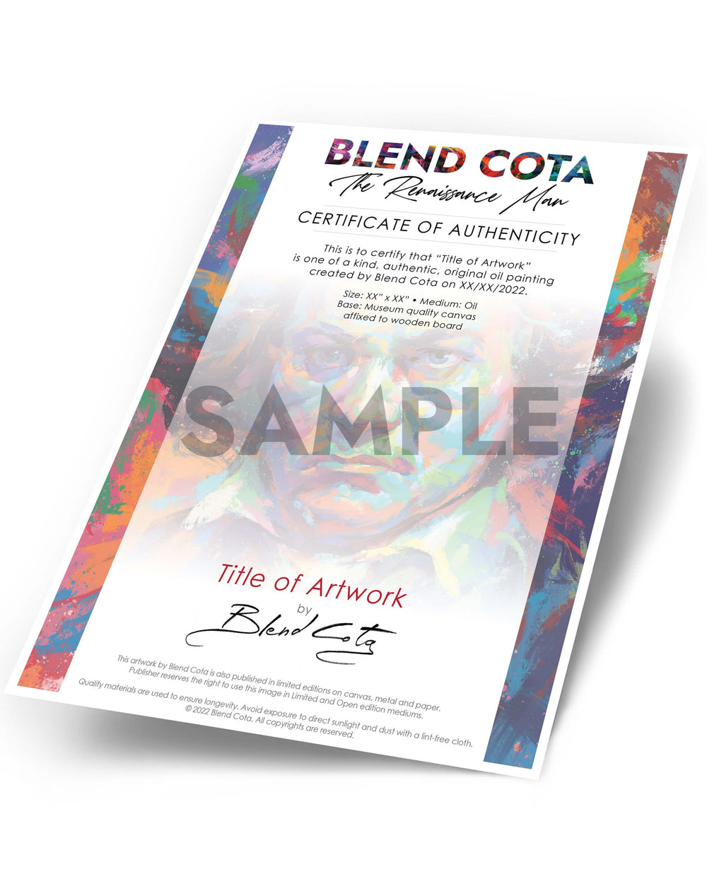 Sample of a certificate of authenticity for an original color expressionism oil painting