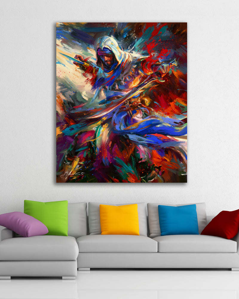 Original oil painting on canvas of Assassin's Creed Basim of Mirage bursting forth with energy and painted with colorful brushstrokes in an expressionistic style in a room setting.