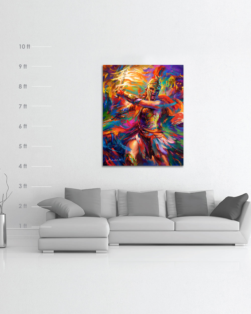 Oil on canvas original painting of Assassin's Creed Kassandra of Odyssey bursting forth with energy and painted with colorful brushstrokes in an expressionistic style in a room with couch and pillows and dimensions for scale.
