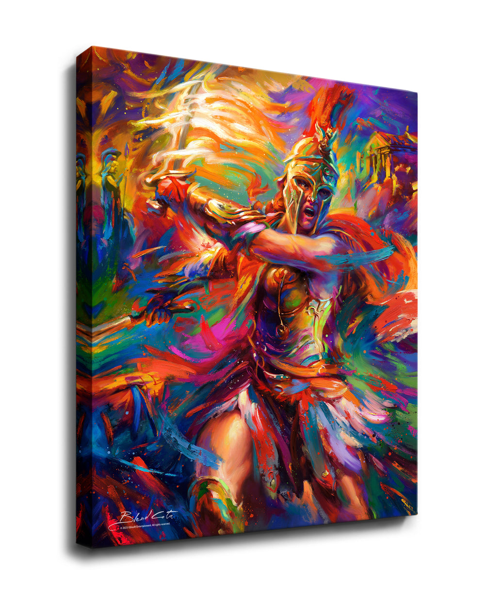 Gallery wrapped canvas print of Assassin's Creed Kassandra of Odyssey bursting forth with energy and painted with colorful brushstrokes in an expressionistic style.