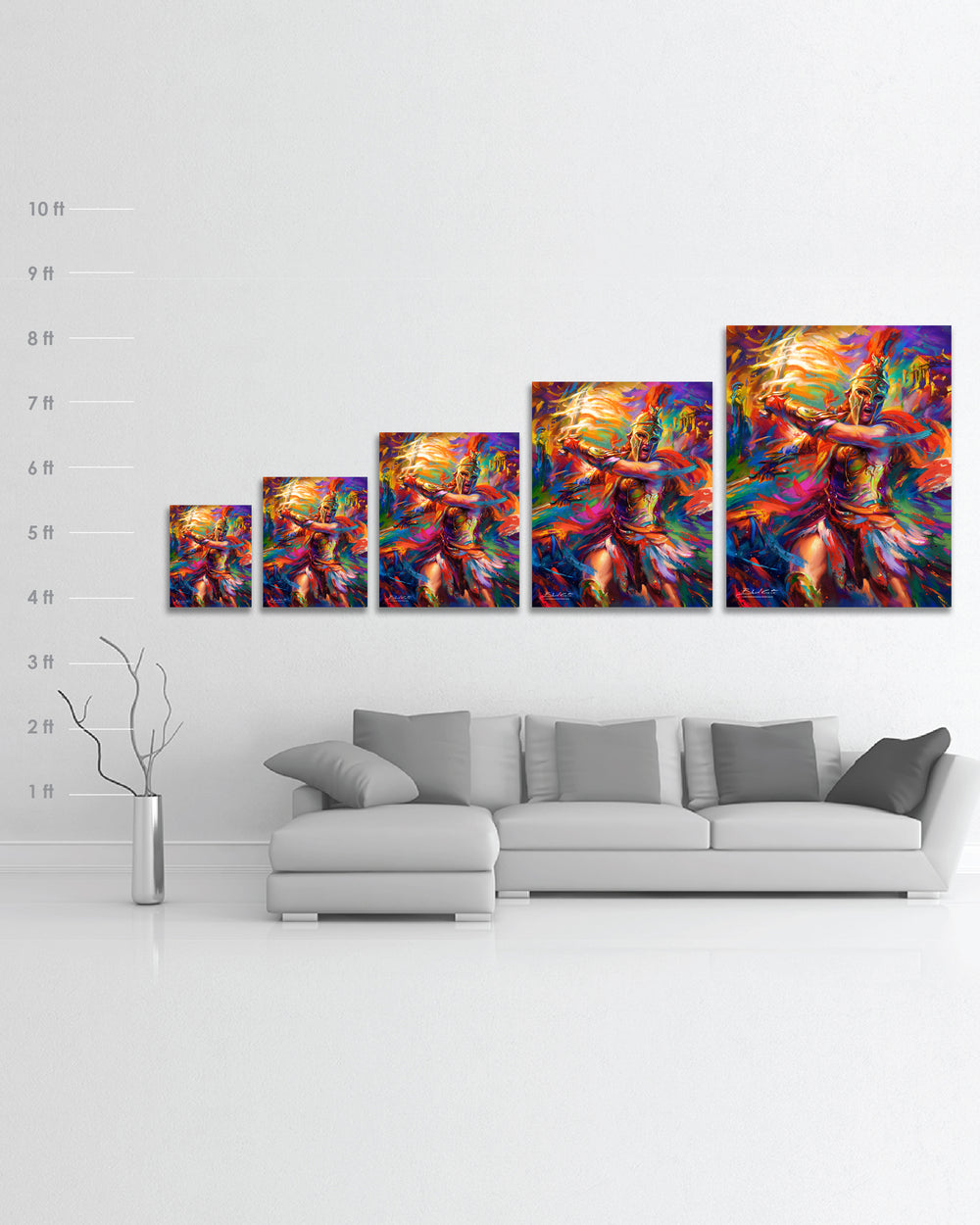 Limited Edition glossy metal print of Assassin's Creed Kassandra of Odyssey bursting forth with energy and painted with colorful brushstrokes in an expressionistic style in a room with dimensions for scale.
