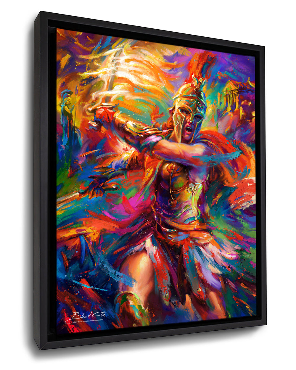 Framed canvas print of Assassin's Creed Kassandra of Odyssey bursting forth with energy and painted with colorful brushstrokes in an expressionistic style.
