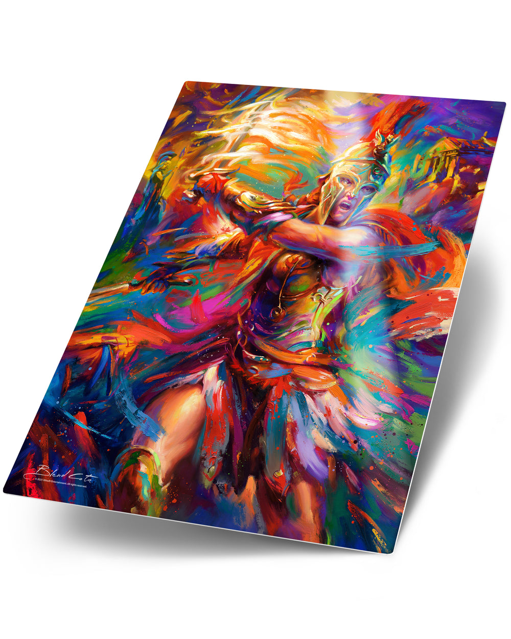 Art print on metal of Assassin's Creed Kassandra of Odyssey bursting forth with energy and painted with colorful brushstrokes in an expressionistic style.