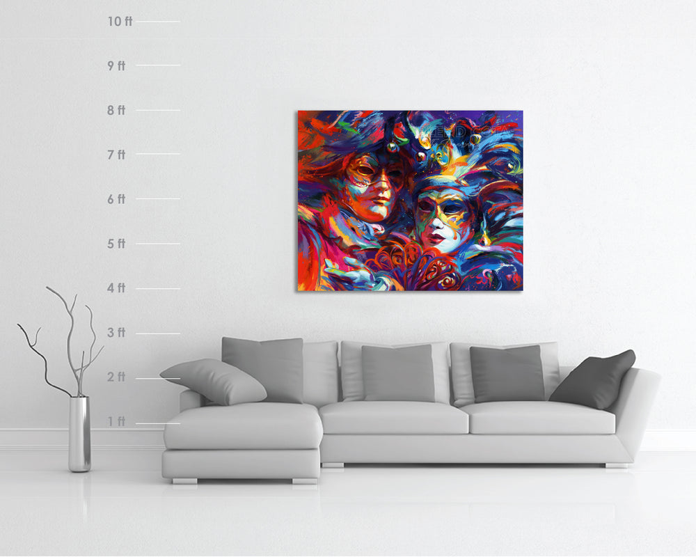 Oil on canvas original painting of blue, red and purple against the night sky, mystery and beauty surround these Venetian masks of Italy, Venice, the city of water holds many entrancing delights and dances in colorful brushstrokes, color expressionism style with scale dimensions.
