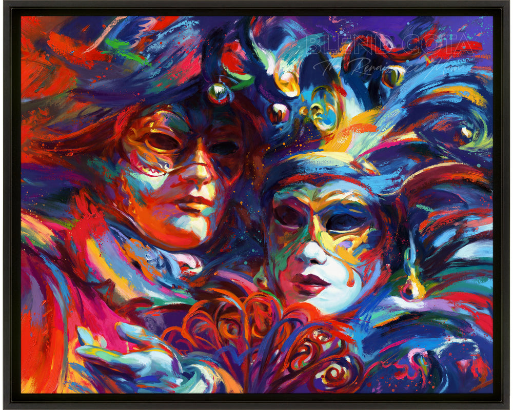 Framed in black drop box limited edition painting on canvas of blue, red and purple against the night sky, mystery and beauty surround these Venetian masks of Italy, Venice, the city of water holds many entrancing delights and dances in colorful brushstrokes, color expressionism style.