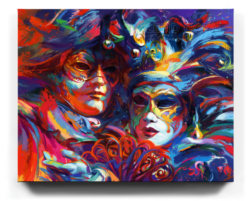 
                  
                    Limited edition painting on canvas of blue, red and purple against the night sky, mystery and beauty surround these Venetian masks of Italy, Venice, the city of water holds many entrancing delights and dances in colorful brushstrokes, color expressionism style.
                  
                