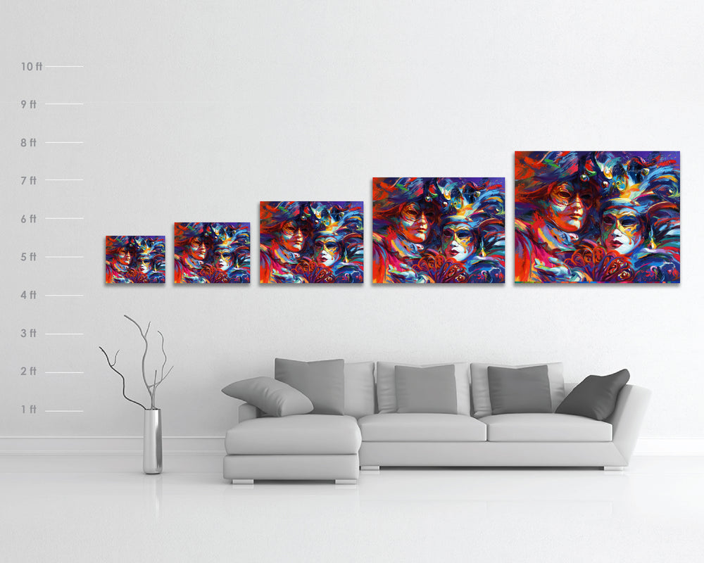 Limited edition print on metal of blue, red and purple against the night sky, mystery and beauty surround these Venetian masks of Italy, Venice, the city of water holds many entrancing delights and dances in colorful brushstrokes, color expressionism style with scale dimensions. 