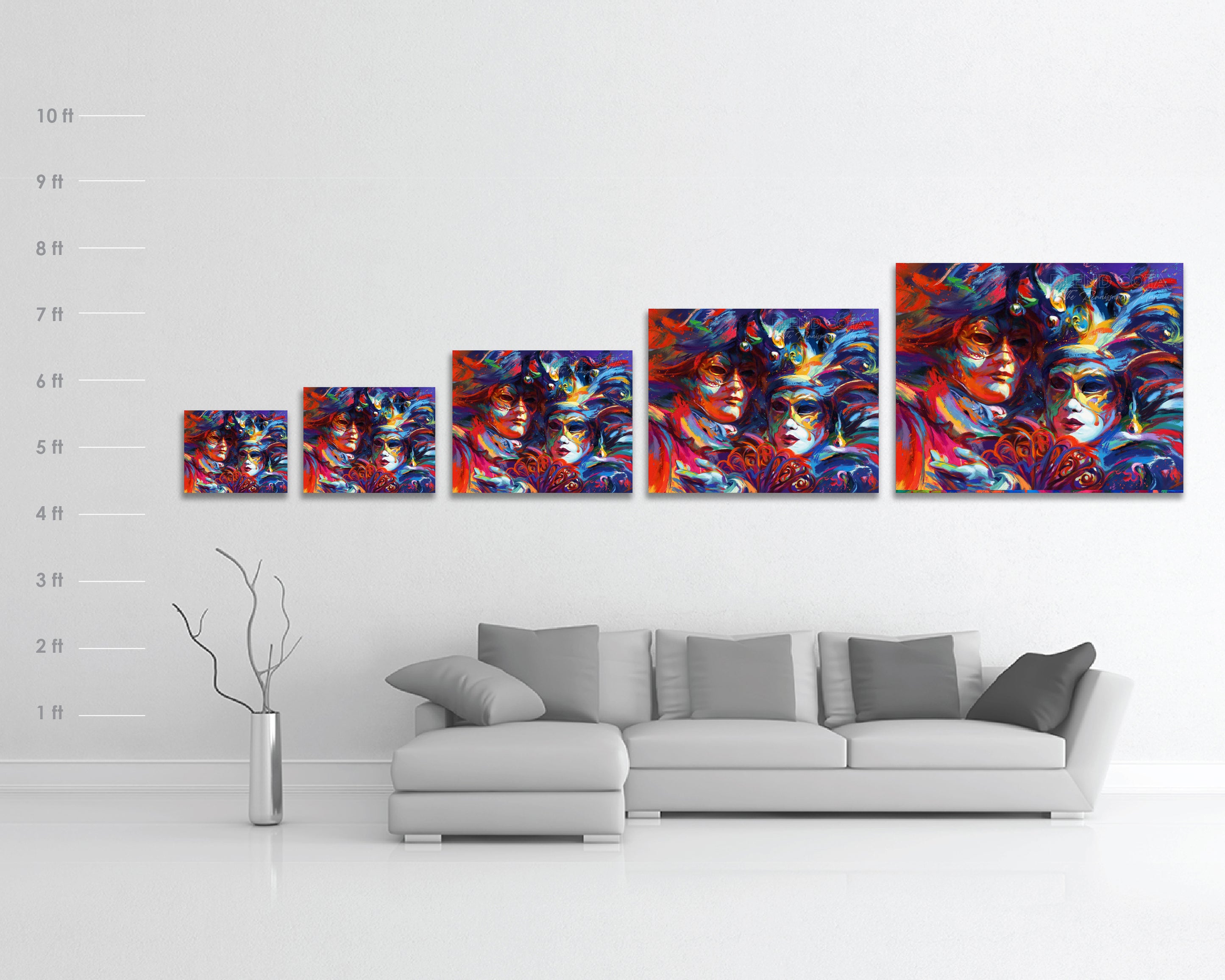 
                  
                    Limited edition print on metal of blue, red and purple against the night sky, mystery and beauty surround these Venetian masks of Italy, Venice, the city of water holds many entrancing delights and dances in colorful brushstrokes, color expressionism style with scale dimensions. 
                  
                