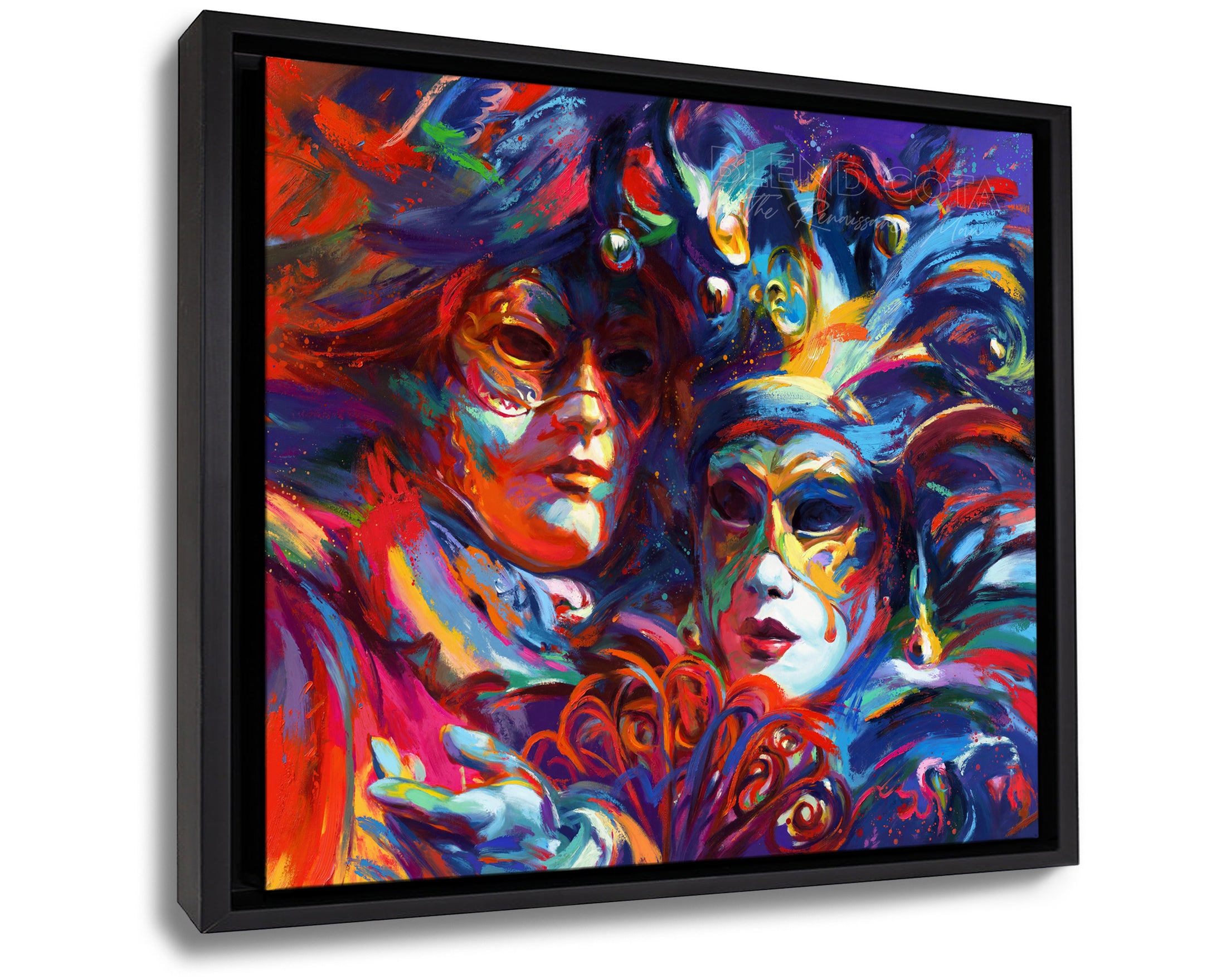 Framed Art print on canvas of blue, red and purple against the night sky, mystery and beauty surround these Venetian masks of Italy, Venice, the city of water holds many entrancing delights and dances in colorful brushstrokes, color expressionism style.