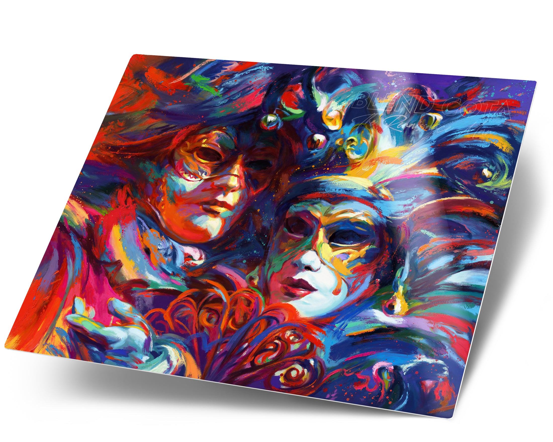 Art print on metal of blue, red and purple against the night sky, mystery and beauty surround these Venetian masks of Italy, Venice, the city of water holds many entrancing delights and dances in colorful brushstrokes, color expressionism style.