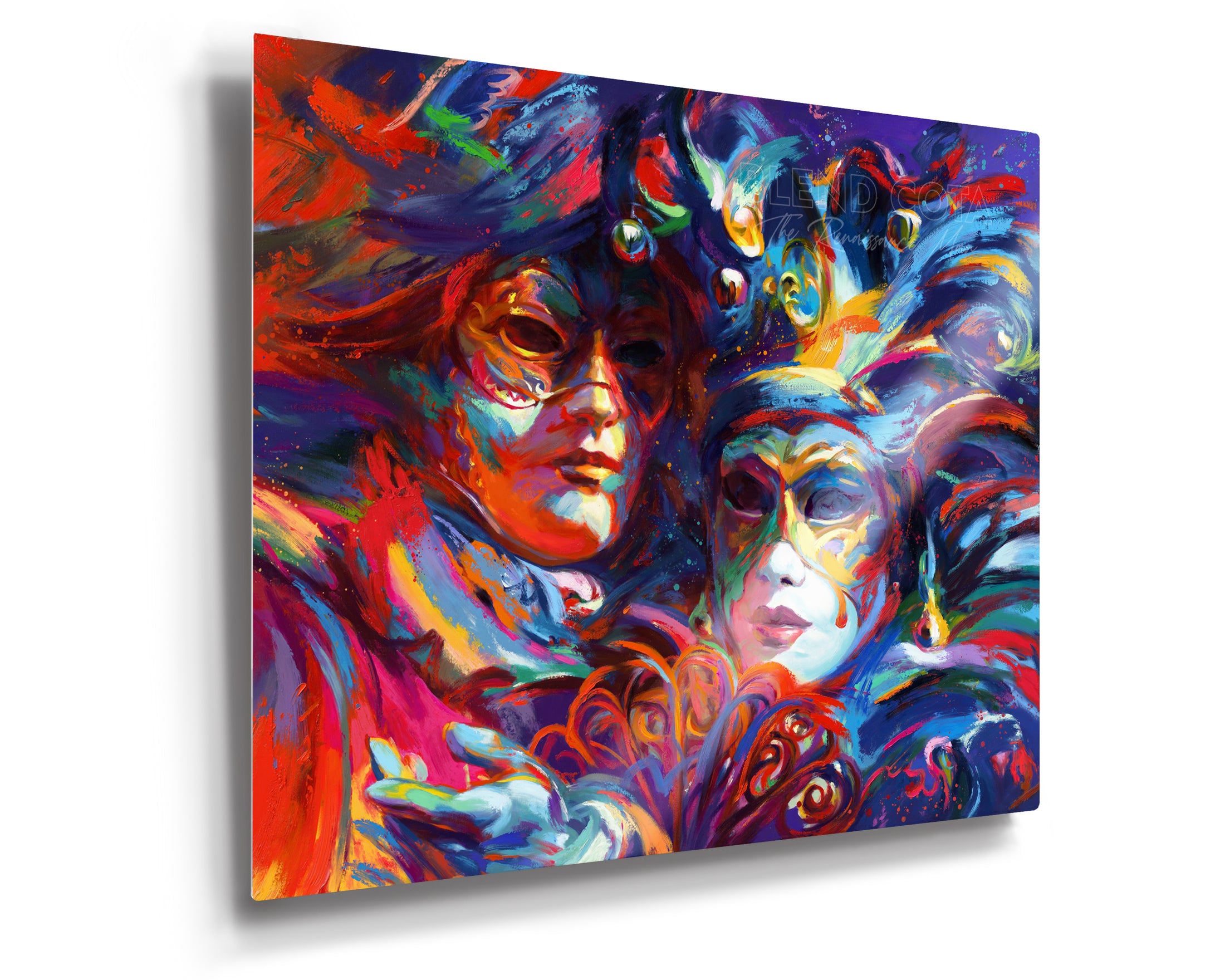 Limited edition print on metal of blue, red and purple against the night sky, mystery and beauty surround these Venetian masks of Italy, Venice, the city of water holds many entrancing delights and dances in colorful brushstrokes, color expressionism style.