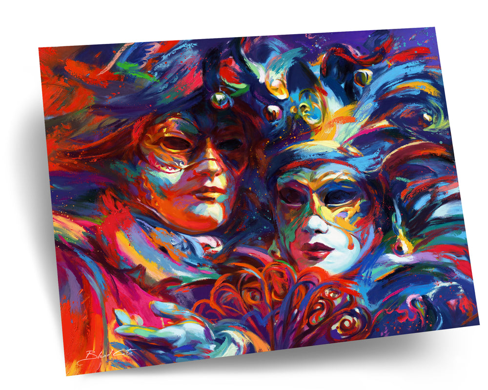 Art print on paper of blue, red and purple against the night sky, mystery and beauty surround these Venetian masks of Italy, Venice, the city of water holds many entrancing delights and dances in colorful brushstrokes, color expressionism style.