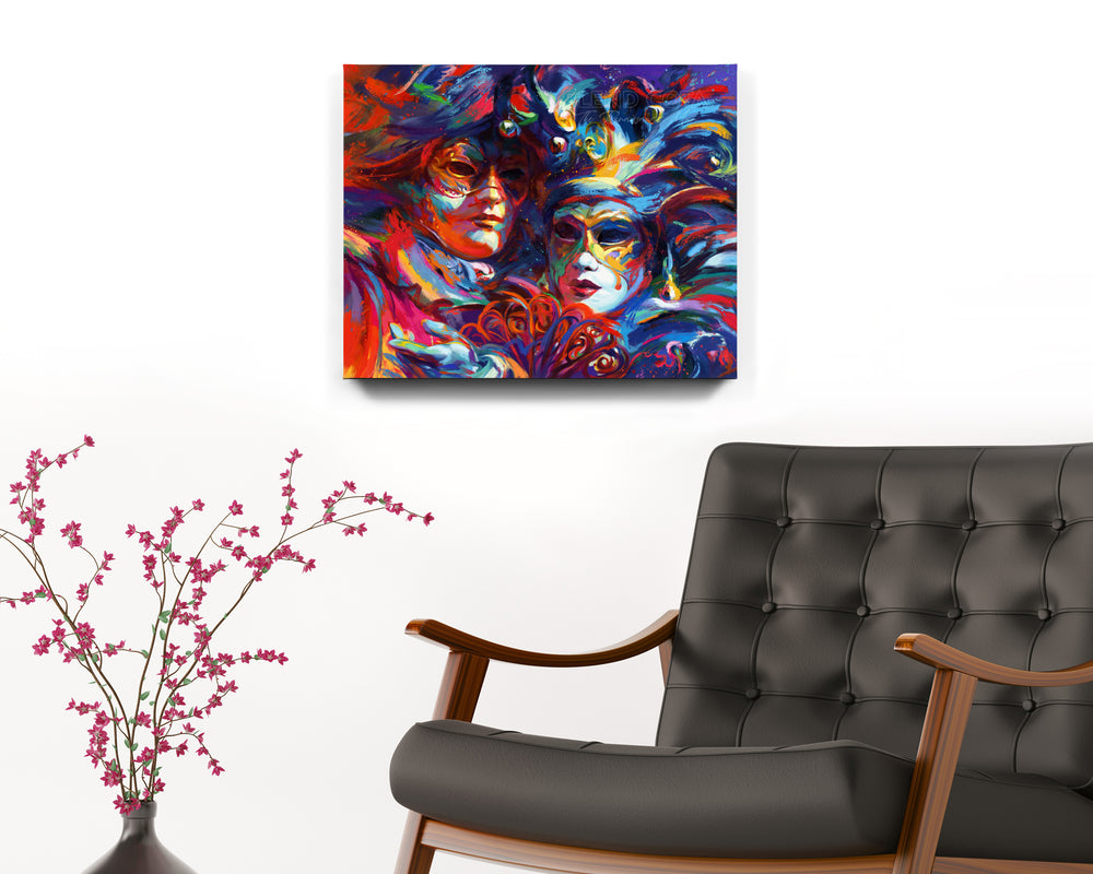 Art print of blue, red and purple against the night sky, mystery and beauty surround these Venetian masks of Italy, Venice, the city of water holds many entrancing delights and dances in colorful brushstrokes, color expressionism style in a room setting.