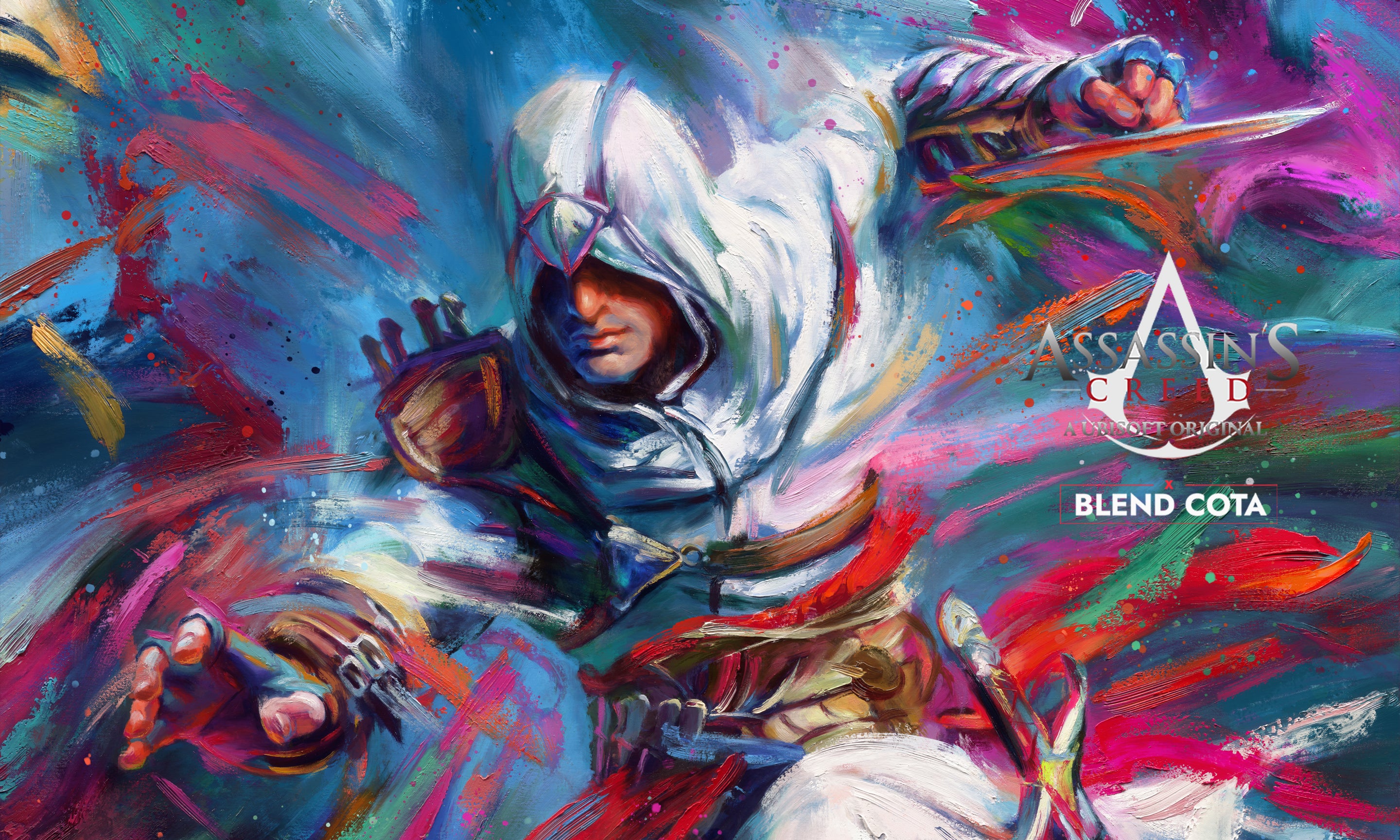 Altair from Assassin's Creed leap of faith with hidden blade painted in vibrant oil colours