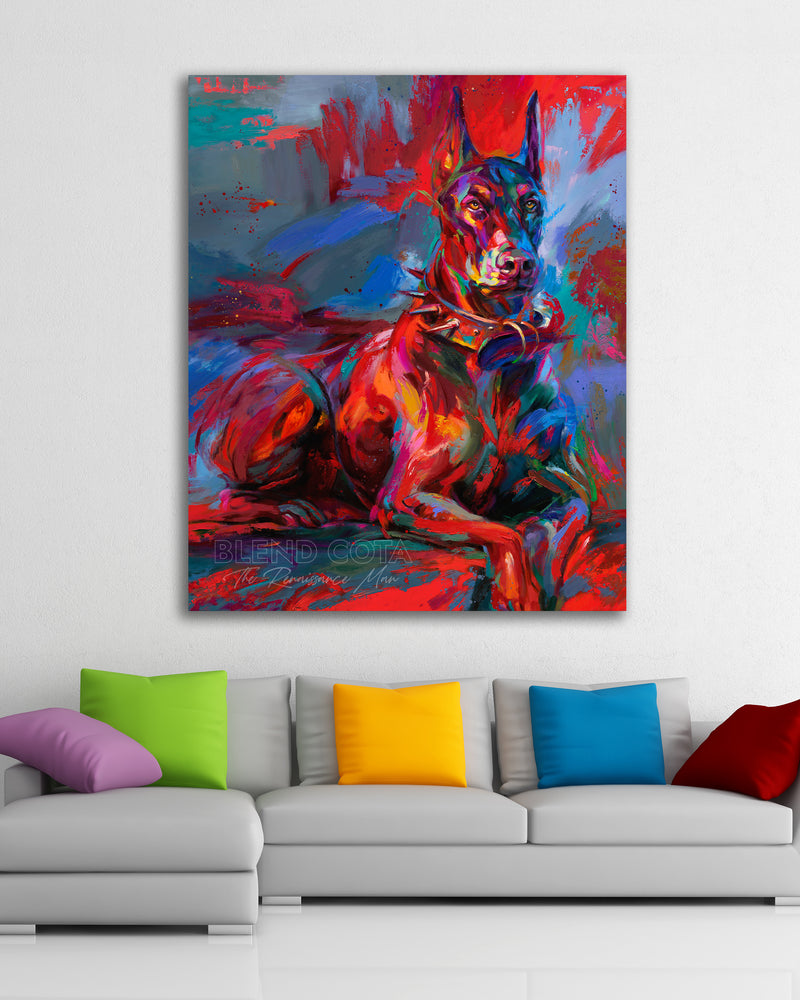 Limited edition painting of the pet Doberman Apollo, a royal breed of dog, tough, brave and affectionate, guarding those he loves, in colorful brushstrokes, color expressionism style in a room setting.
