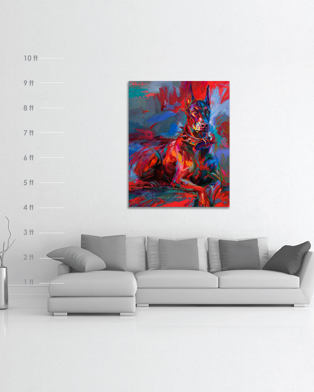Oil on canvas original painting of the pet Doberman Apollo, a royal breed of dog, tough, brave and affectionate, guarding those he loves, in colorful brushstrokes, color expressionism style with scale and dimensions.
