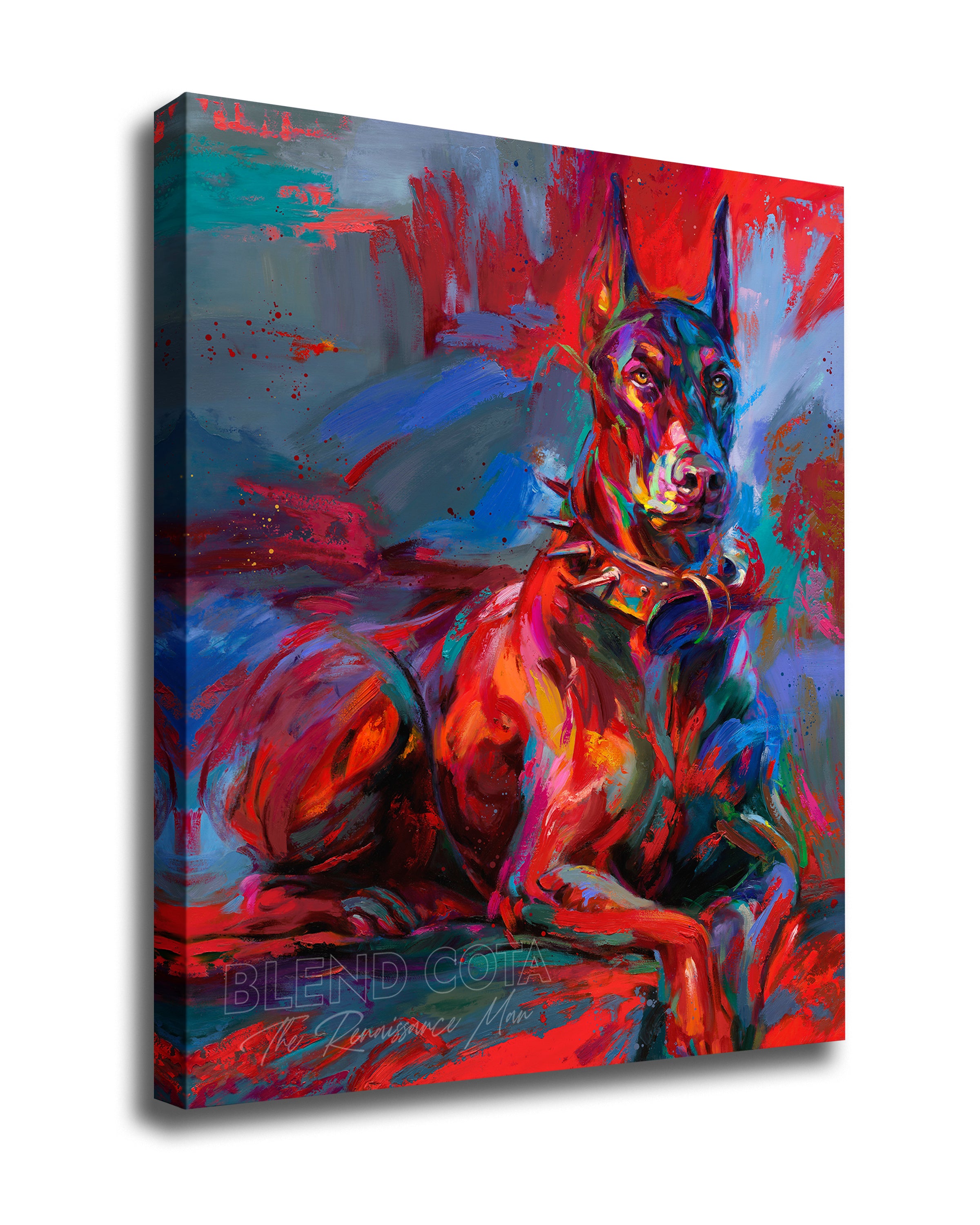 Gallery wrapped art print on canvas of the pet Doberman Apollo, a royal breed of dog, tough, brave and affectionate, guarding those he loves, in colorful brushstrokes, color expressionism style.