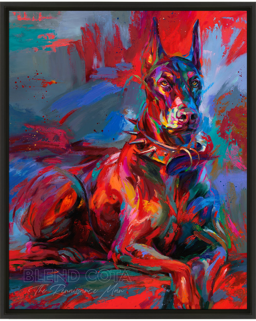 Limited edition painting of the pet Doberman Apollo, a royal breed of dog, tough, brave and affectionate, guarding those he loves, in colorful brushstrokes, color expressionism style in a black frame.