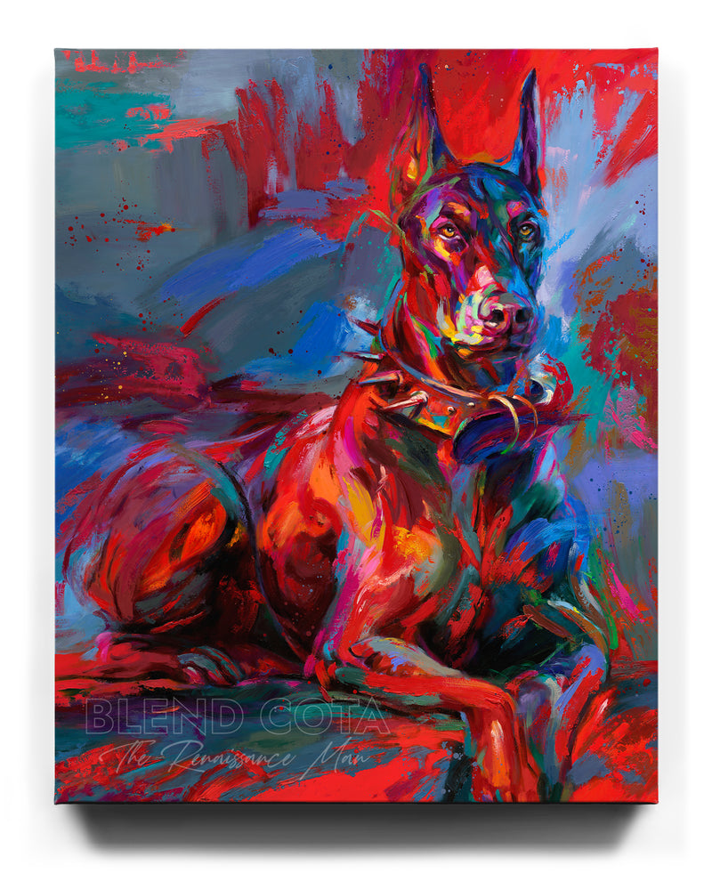 Limited edition painting of the pet Doberman Apollo, a royal breed of dog, tough, brave and affectionate, guarding those he loves, in colorful brushstrokes, color expressionism style.