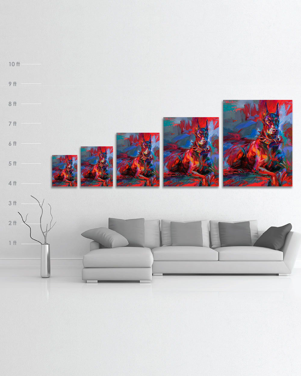 Limited edition painting of the pet Doberman Apollo, a royal breed of dog, tough, brave and affectionate, guarding those he loves, in colorful brushstrokes, color expressionism style with scale and dimensions.