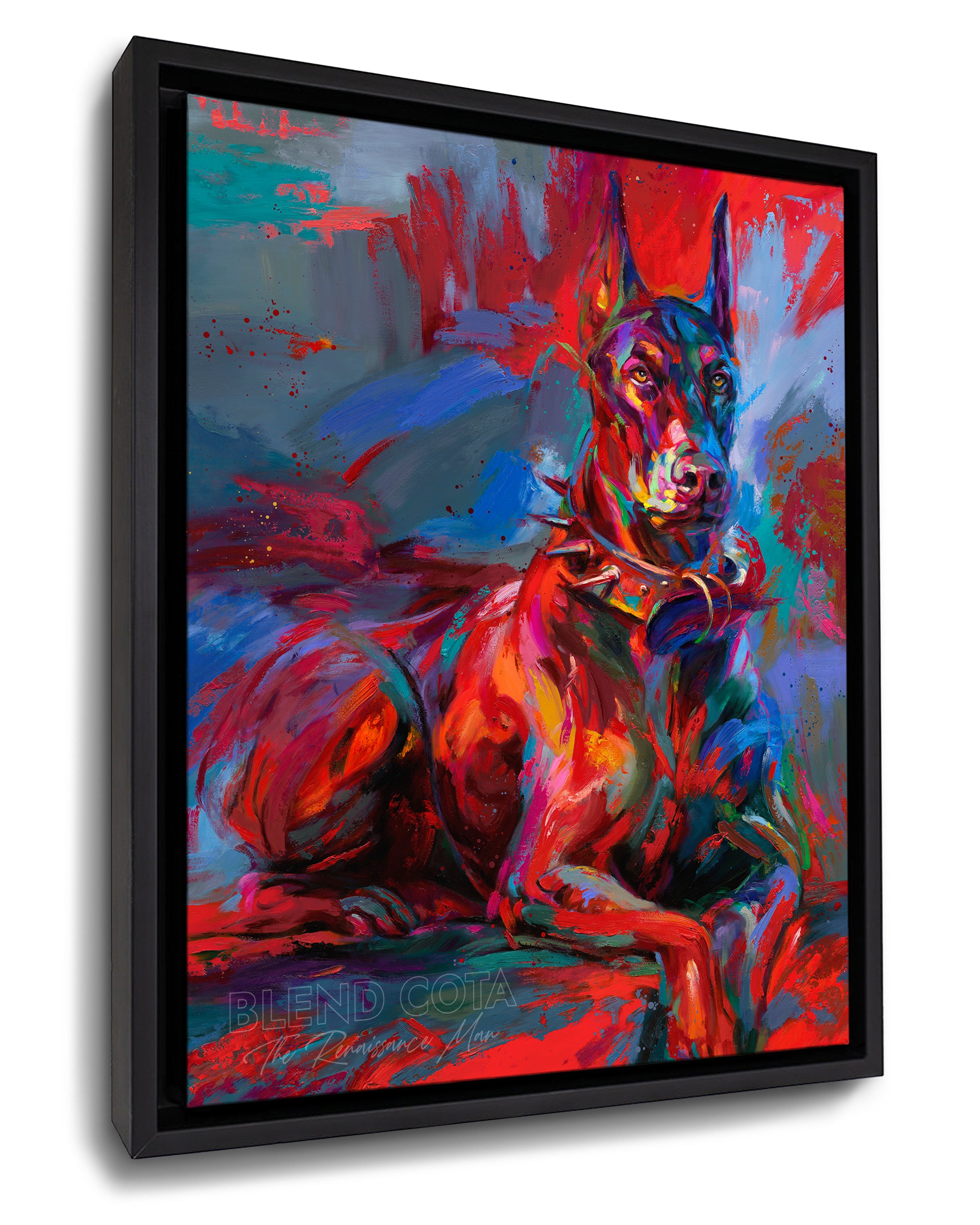 Framed art print on canvas of the pet Doberman Apollo, a royal breed of dog, tough, brave and affectionate, guarding those he loves, in colorful brushstrokes, color expressionism style.