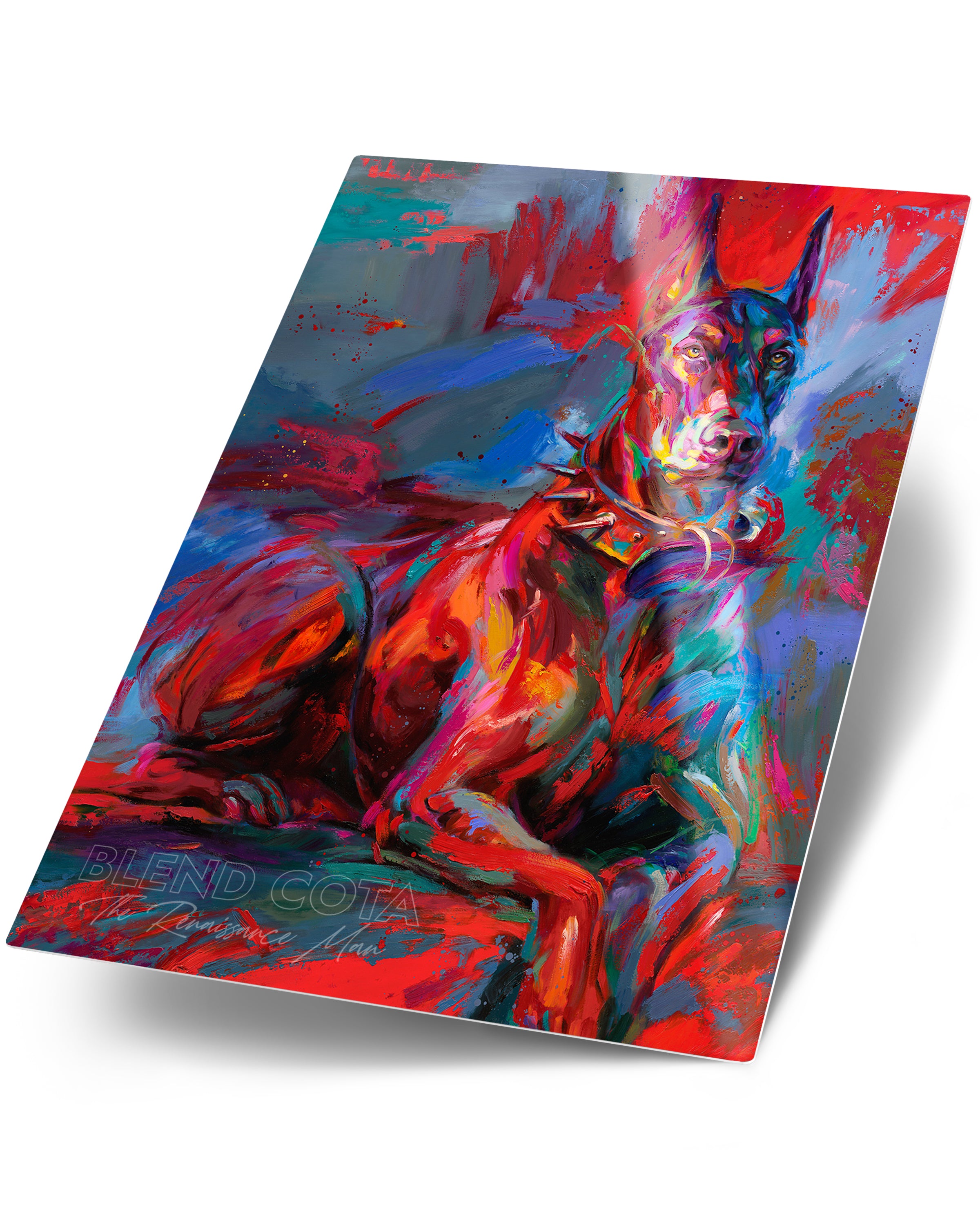 Art print on metal of the pet Doberman Apollo, a royal breed of dog, tough, brave and affectionate, guarding those he loves, in colorful brushstrokes, color expressionism style.